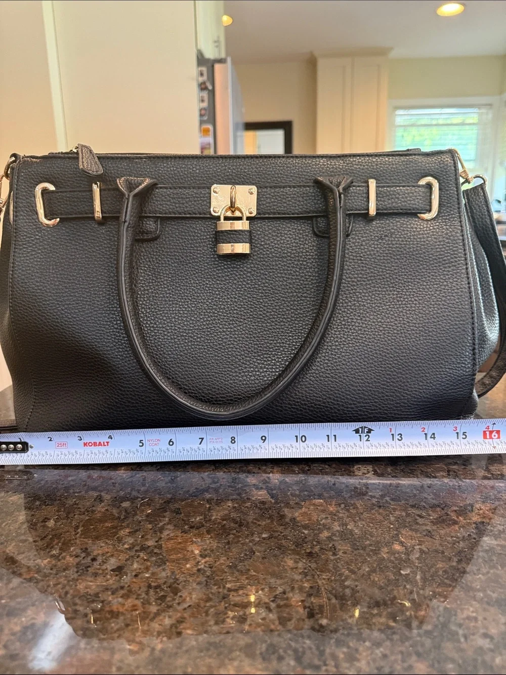 Black Satchel Handbag with Gold Padlock Accent